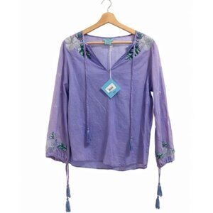 Letarte Swimwear Hand-Embroidered Cotton Blouse Purple Women's Size Small